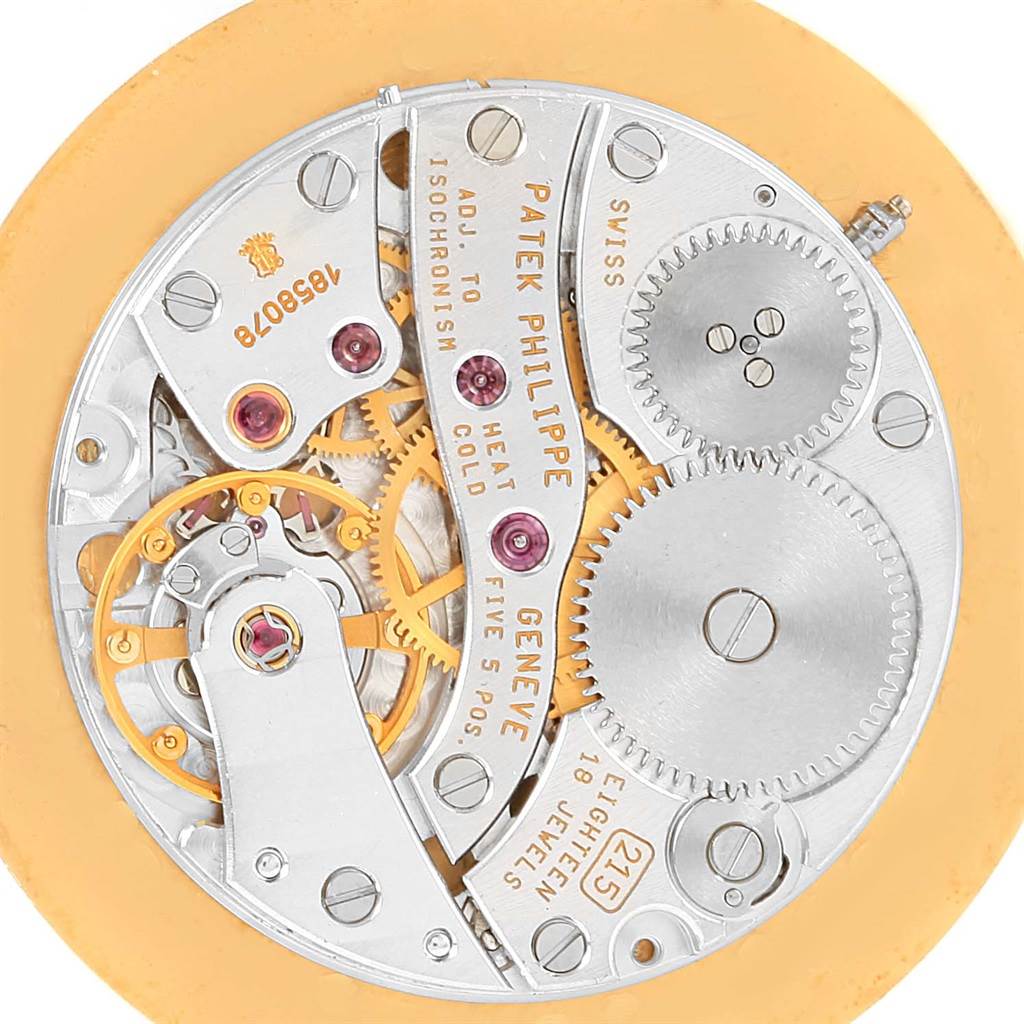 This image shows the movement mechanism of the Patek Philippe 5022 Yellow Gold Champagne Dial 5022 Yellow Gold Champagne Dial Calatrava Officier Yellow Gold Manual Wind Watch 5022 model from the back.