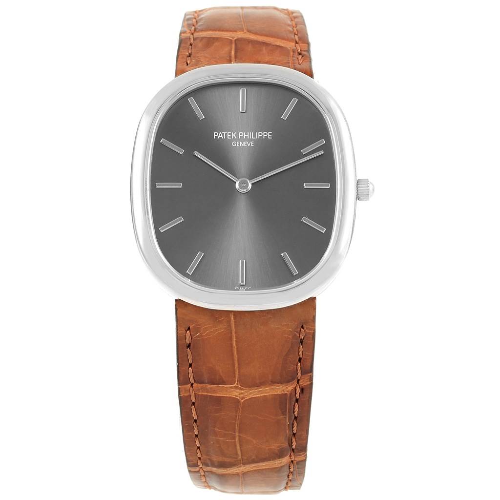 The image shows a front view of the Patek Philippe Golden Ellipse 3738 Men's White Gold Grey Dial 3738 Men's White Gold Grey Dial watch, highlighting the dial, hands, and brown leather strap.
