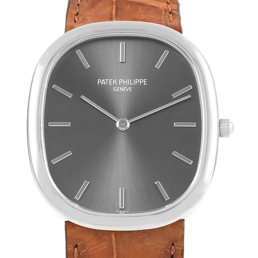 The image shows a front view of the Patek Philippe Golden Ellipse 3738 Men's White Gold Grey Dial 3738 Men's White Gold Grey Dial watch, highlighting the dial, hands, and part of the leather strap.