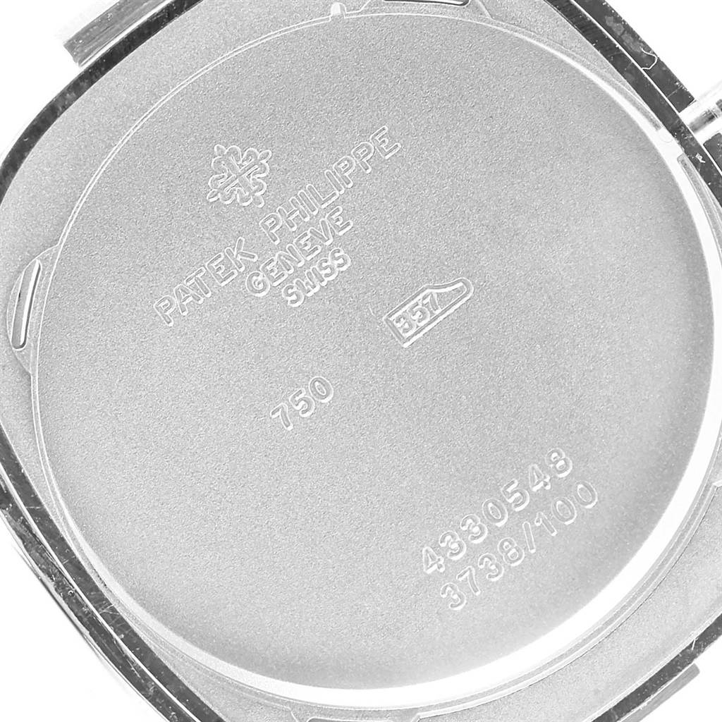The image shows the back case of a Patek Philippe Golden Ellipse 3738 Men's White Gold Grey Dial 3738 Men's White Gold Grey Dial watch, detailing its engravings.