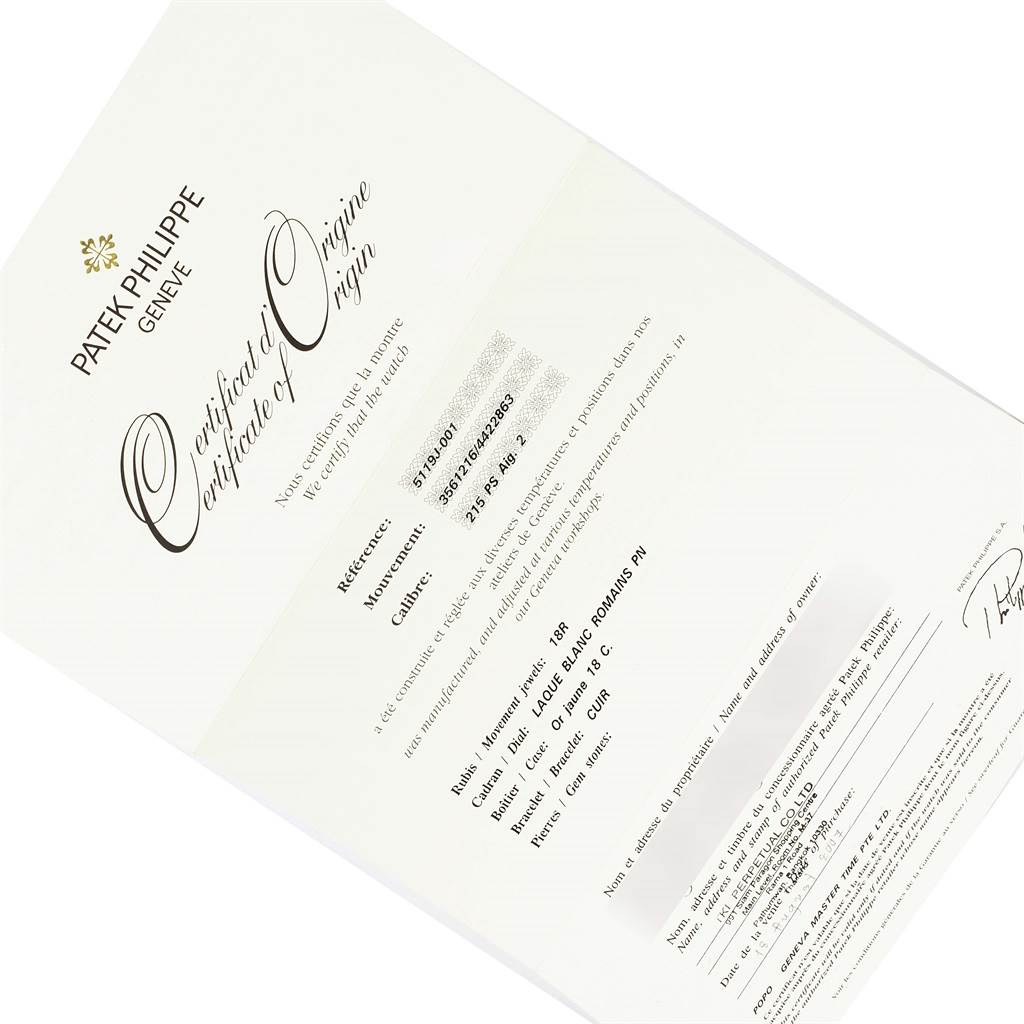 The image displays a Certificate of Origin for a Calatrava model by Patek Philippe, shown at an angled view.