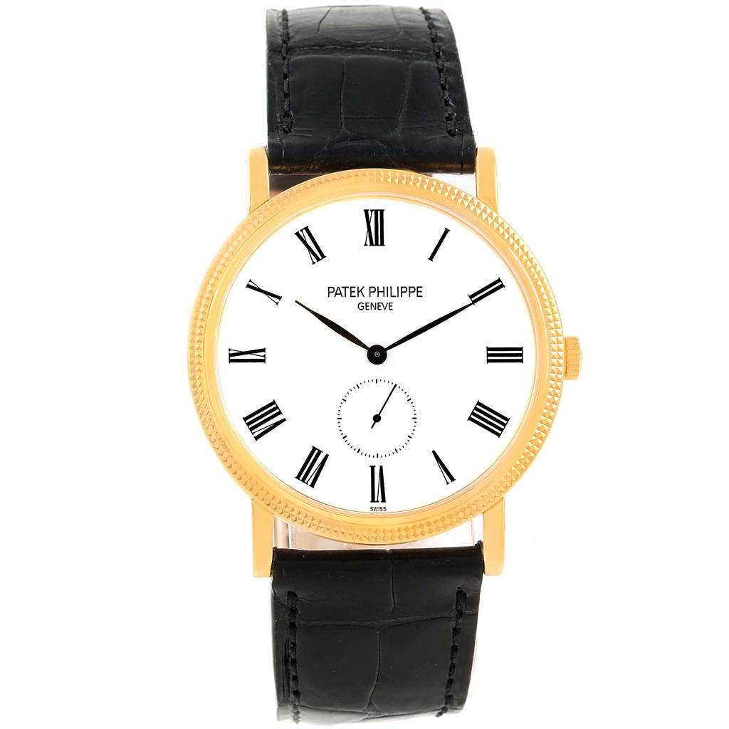 The image shows a front view of a Patek Philippe Calatrava 5119J Men's Yellow Gold White Dial 5119J Men's Yellow Gold White Dial watch with a black leather strap and a gold case.