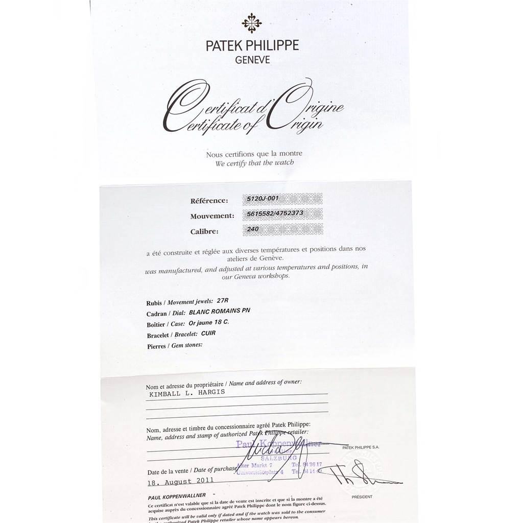 The image shows a Certificate of Origin for a Patek Philippe Calatrava 5120J Men's Yellow Gold White Dial 5120J Men's Yellow Gold White Dial model watch, detailing its specifications and purchase information.