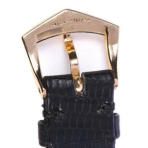 This image shows the buckle and strap of a Patek Philippe Calatrava 3923 Men's Rose Gold Silver Dial 3923 Men's Rose Gold Silver Dial watch, viewed from above.