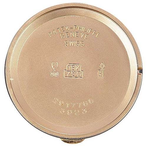 The image shows the inside case back of a Patek Philippe Calatrava 3923 Men's Rose Gold Silver Dial 3923 Men's Rose Gold Silver Dial watch, revealing its engravings and markings.