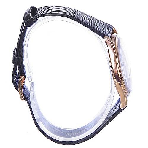 The image shows a side view of a Patek Philippe Calatrava 3923 Men's Rose Gold Silver Dial 3923 Men's Rose Gold Silver Dial watch, highlighting the case, bezel, and strap.