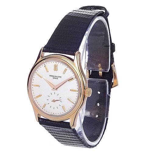 The image shows a Patek Philippe Calatrava 3923 Men's Rose Gold Silver Dial 3923 Men's Rose Gold Silver Dial watch at a slight right side angle, displaying the face, case, crown, and leather strap.