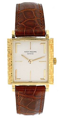 This image shows a frontal view of a Vintage Patek Philippe watch featuring a gold square case and a brown leather strap.
