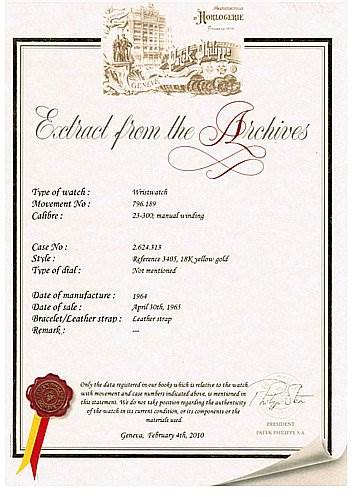 This is an archive certificate from Patek Philippe for a vintage wristwatch model, detailing its specifications and history.