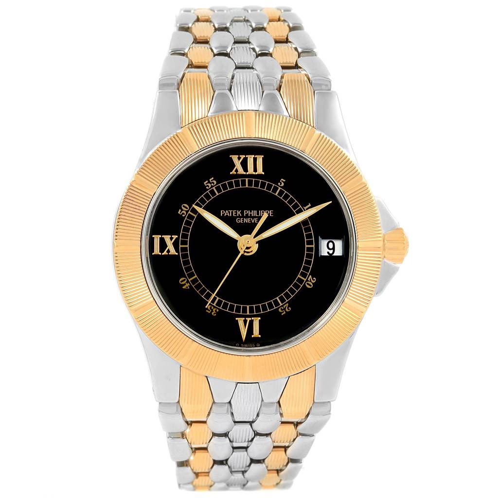 The Patek Philippe Neptune 5080/IJA Men's Steel and Gold (two tone) Black Dial 5080/IJA Men's Steel and Gold (two tone) Black Dial model watch is shown from the front, highlighting its two-tone bracelet, black dial, and Roman numeral markers.