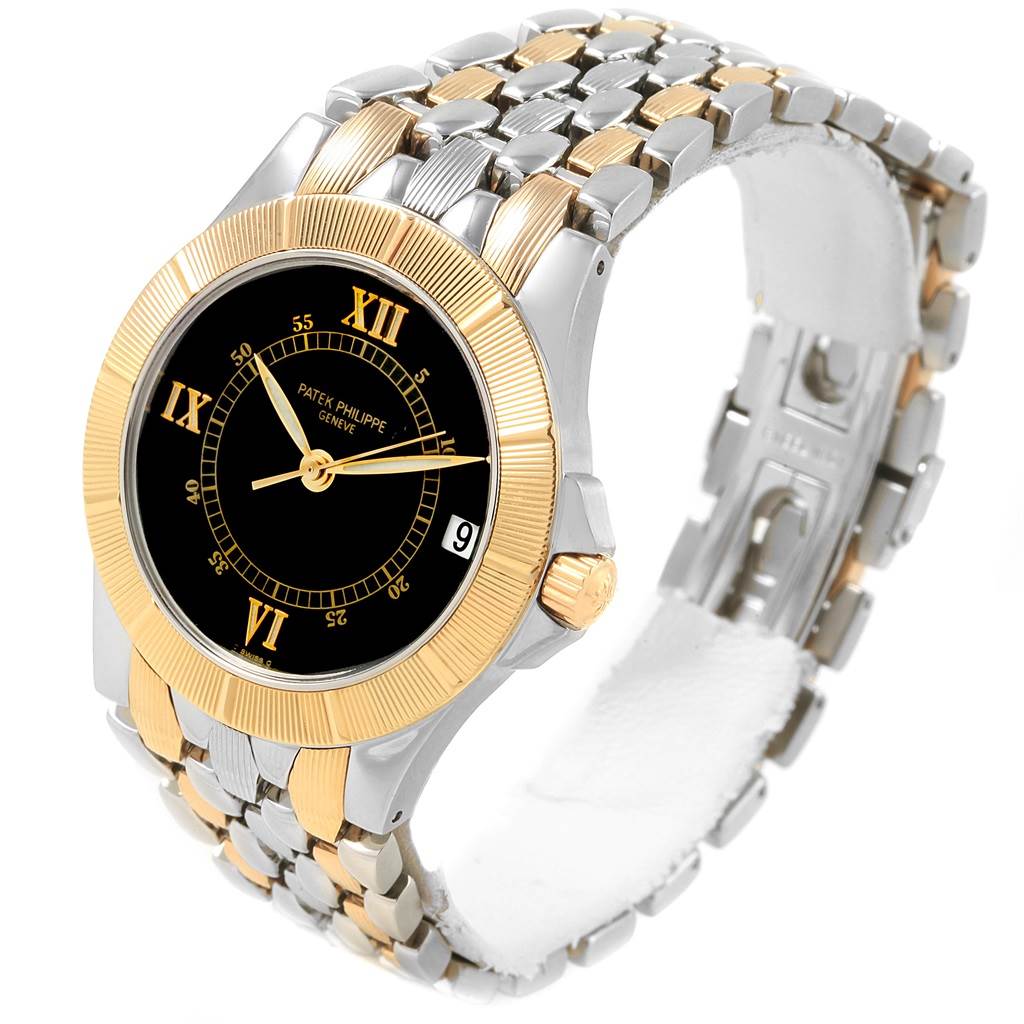 The Patek Philippe Neptune 5080/IJA Men's Steel and Gold (two tone) Black Dial 5080/IJA Men's Steel and Gold (two tone) Black Dial model watch is shown at an angle highlighting its face, bezel, crown, and two-tone bracelet.