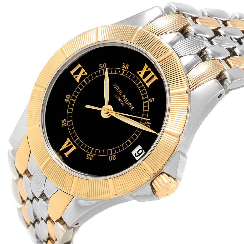 This image shows a Patek Philippe Neptune 5080/IJA Men's Steel and Gold (two tone) Black Dial 5080/IJA Men's Steel and Gold (two tone) Black Dial watch at an oblique angle, highlighting the gold and silver two-tone bezel and bracelet.