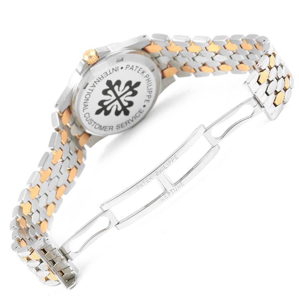 The image shows the back and partly open clasp of the Patek Philippe Neptune 5080/IJA Men's Steel and Gold (two tone) Black Dial 5080/IJA Men's Steel and Gold (two tone) Black Dial watch.