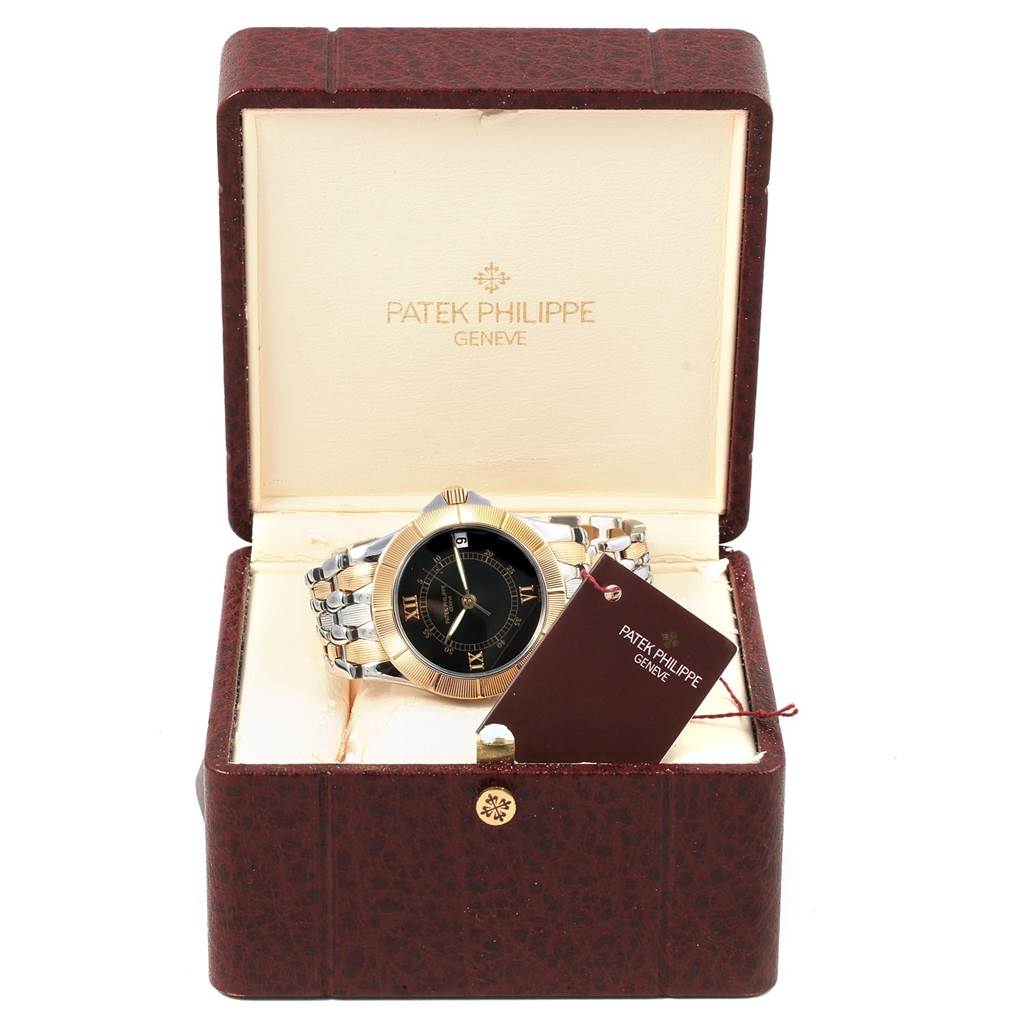 The Patek Philippe Neptune 5080/IJA Men's Steel and Gold (two tone) Black Dial 5080/IJA Men's Steel and Gold (two tone) Black Dial model watch is displayed front-facing inside its branded box.