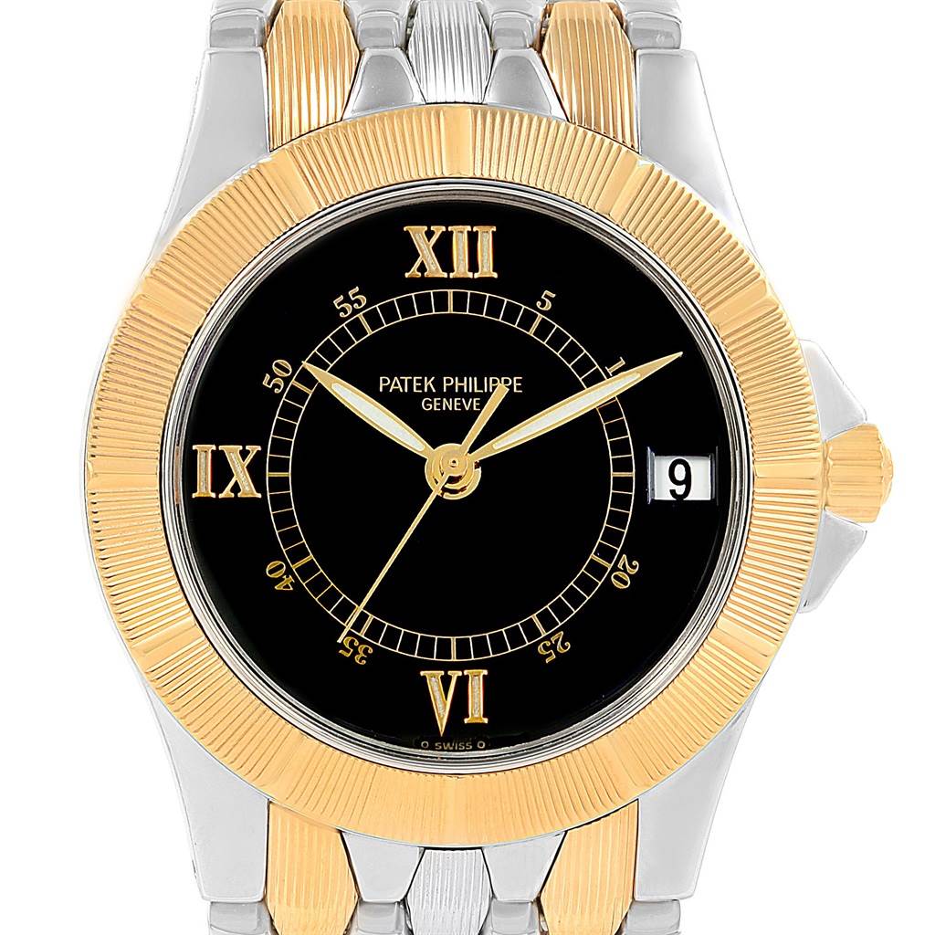 The image shows a frontal view of the Patek Philippe Neptune 5080/IJA Men's Steel and Gold (two tone) Black Dial 5080/IJA Men's Steel and Gold (two tone) Black Dial model watch, highlighting its black dial, gold accents, and date display.