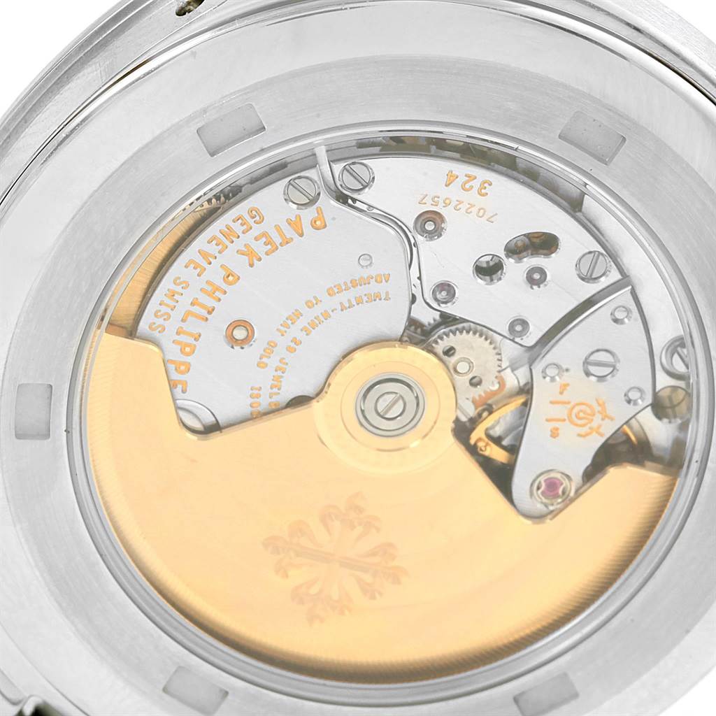 This image shows the back view of the Patek Philippe Aquanaut 5167A Men's Stainless Steel Black Dial 5167A Men's Stainless Steel Black Dial watch, highlighting its intricate movement mechanism.