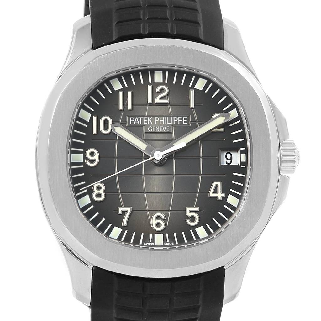 This image shows a front view of the Patek Philippe Aquanaut 5167A Men's Stainless Steel Black Dial 5167A Men's Stainless Steel Black Dial watch, displaying its dial, bezel, and part of the silicone strap.