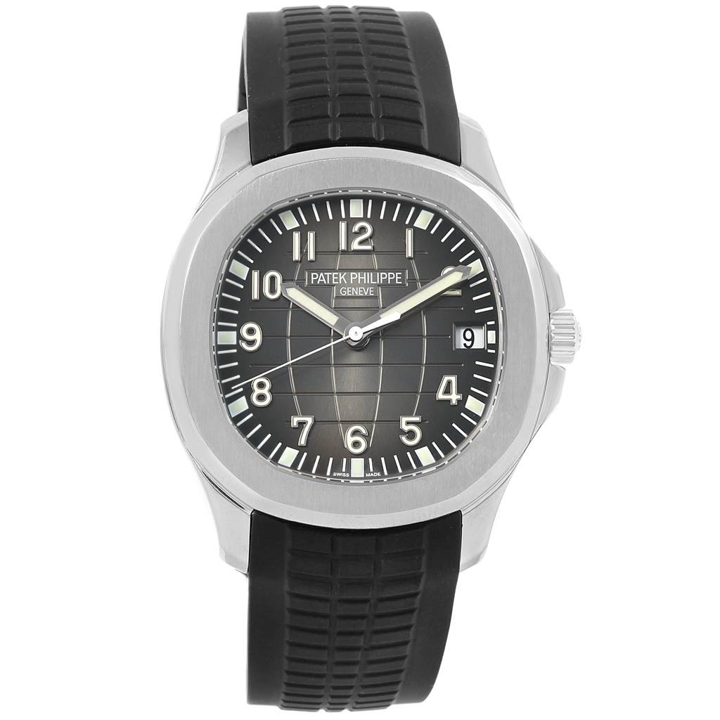 The image shows a front view of a Patek Philippe Aquanaut 5167A Men's Stainless Steel Black Dial 5167A Men's Stainless Steel Black Dial watch with a black dial and rubber strap.