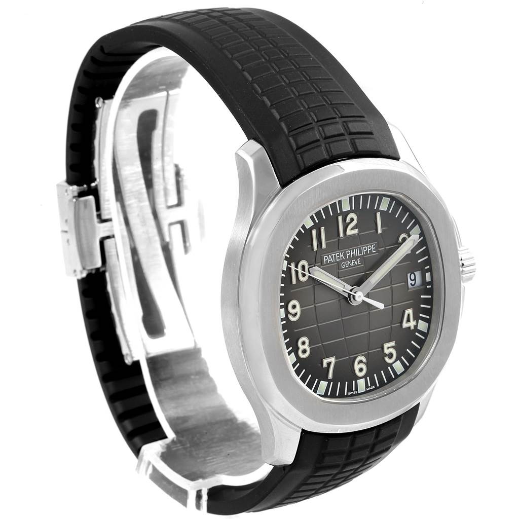 The image shows a front-angle view of the Patek Philippe Aquanaut 5167A Men's Stainless Steel Black Dial 5167A Men's Stainless Steel Black Dial watch, highlighting its dial, case, and black rubber strap.