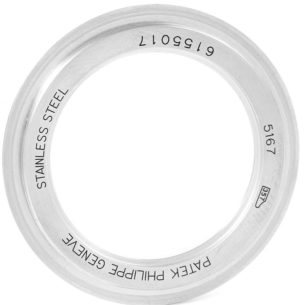 This image shows a stainless steel bezel for the Patek Philippe Aquanaut 5167A Men's Stainless Steel Black Dial 5167A Men's Stainless Steel Black Dial model 5167, displaying its inner and outer engravings.