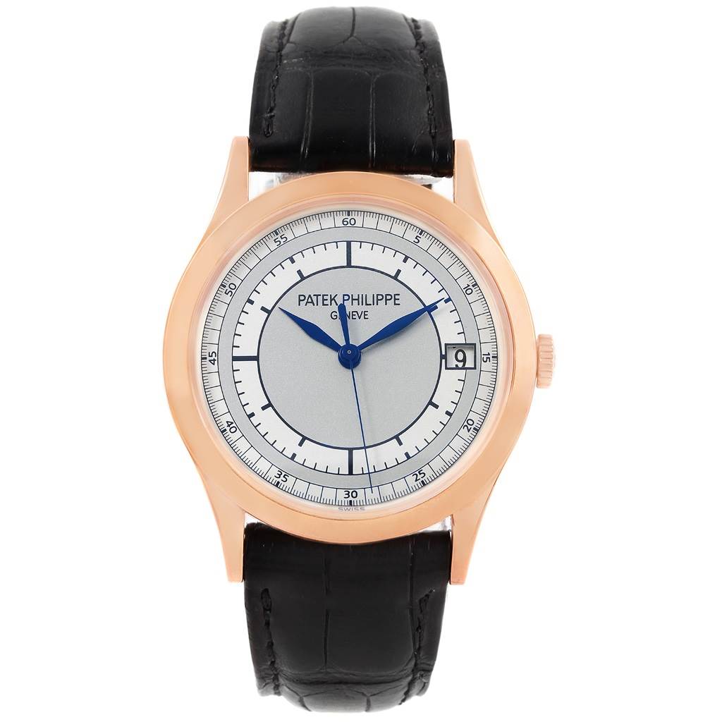 The image shows a front view of the Patek Philippe Calatrava 5296R-001 Men
s Rose Gold Silver Dial 5296R-001 Men
s Rose Gold Silver Dial watch with a black leather strap and a rose gold case.
