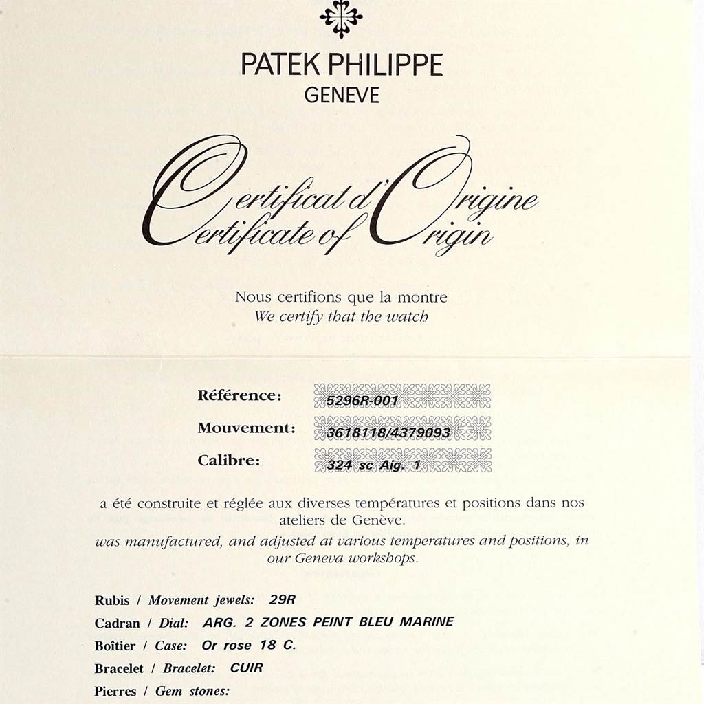 The image shows a Certificate of Origin for a Patek Philippe Calatrava 5296R-001 Men
s Rose Gold Silver Dial 5296R-001 Men
s Rose Gold Silver Dial model watch.