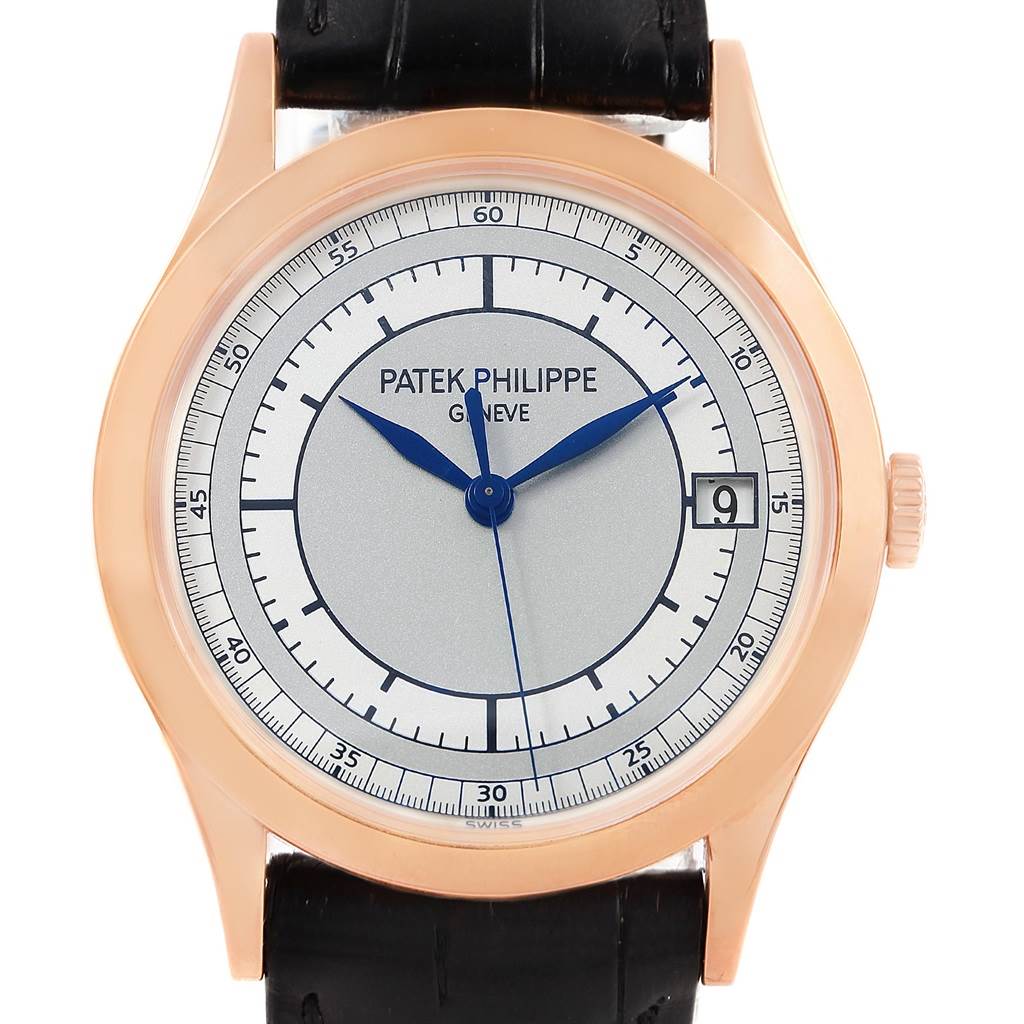 This image shows a front view of a Patek Philippe Calatrava 5296R-001 Men
s Rose Gold Silver Dial 5296R-001 Men
s Rose Gold Silver Dial watch, highlighting the dial, case, hands, and crown.