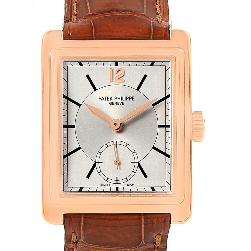 The image shows a front view of the Patek Philippe Gondolo 5010R Men's Rose Gold Silver Dial 5010R Men's Rose Gold Silver Dial watch, highlighting its face, hands, crown, and leather strap.