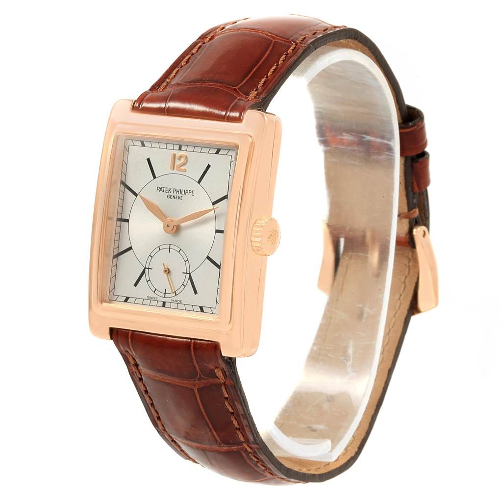 The image shows a Patek Philippe Gondolo 5010R Men's Rose Gold Silver Dial 5010R Men's Rose Gold Silver Dial watch at a slight angle, highlighting its rectangular case, dial, bezel, and leather strap.