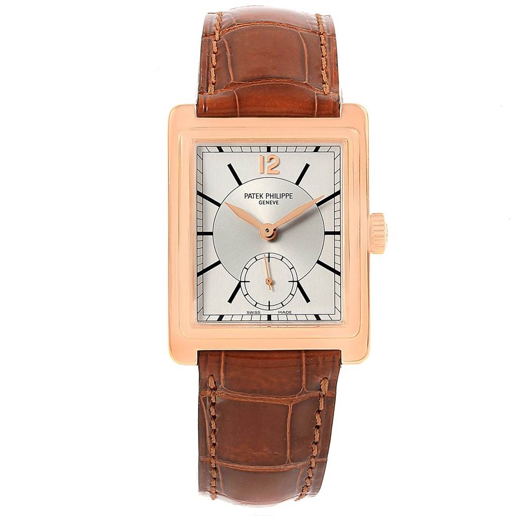 This image shows a Patek Philippe Gondolo 5010R Men's Rose Gold Silver Dial 5010R Men's Rose Gold Silver Dial watch from a front view, highlighting the dial, case, and leather strap.