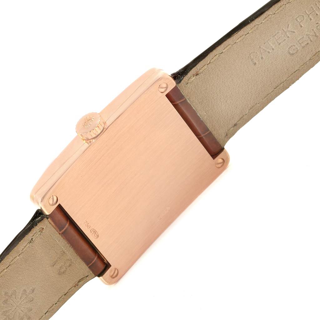 This image shows the back case and leather strap of the Patek Philippe Gondolo 5010R Men's Rose Gold Silver Dial 5010R Men's Rose Gold Silver Dial watch from a flat angle.