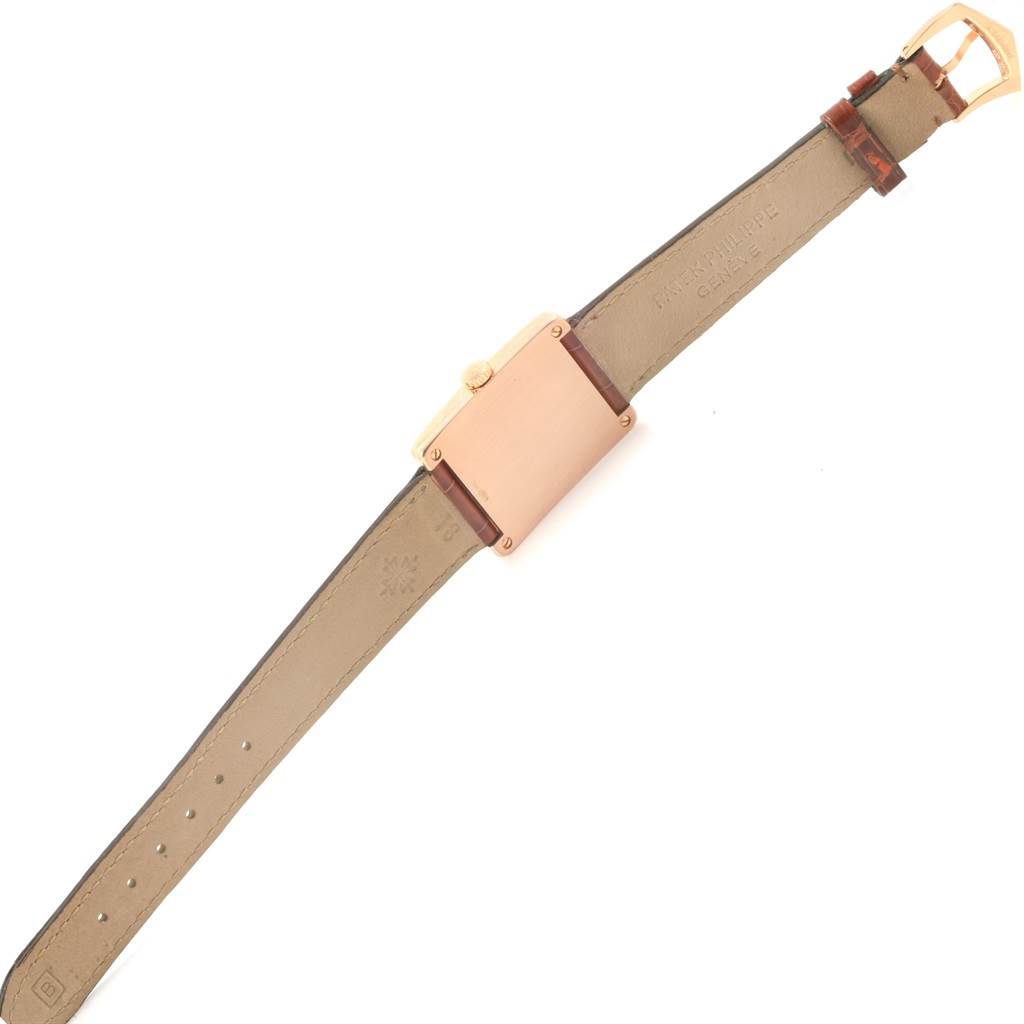 The image shows the back and strap of a Patek Philippe Gondolo 5010R Men's Rose Gold Silver Dial 5010R Men's Rose Gold Silver Dial watch laid flat, highlighting the leather strap and clasp.