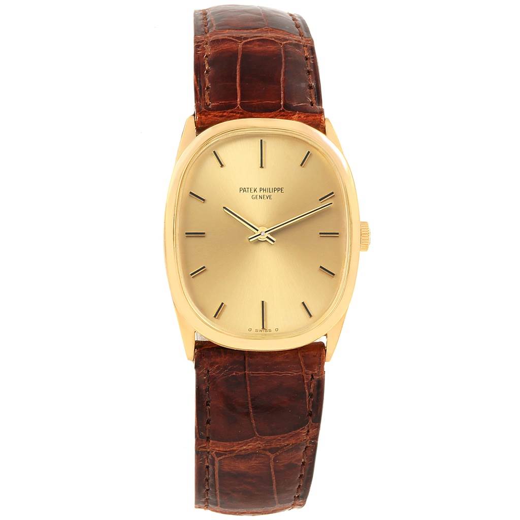 The image shows a front view of a Patek Philippe Golden Ellipse 3546 Men's Yellow Gold Champagne Dial 3546 Men's Yellow Gold Champagne Dial model watch with a gold case and brown leather strap.