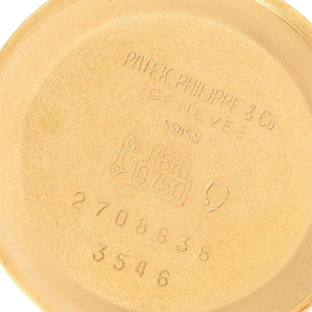 This image shows the inside case back of a Patek Philippe Golden Ellipse 3546 Men's Yellow Gold Champagne Dial 3546 Men's Yellow Gold Champagne Dial watch, displaying its engravings.