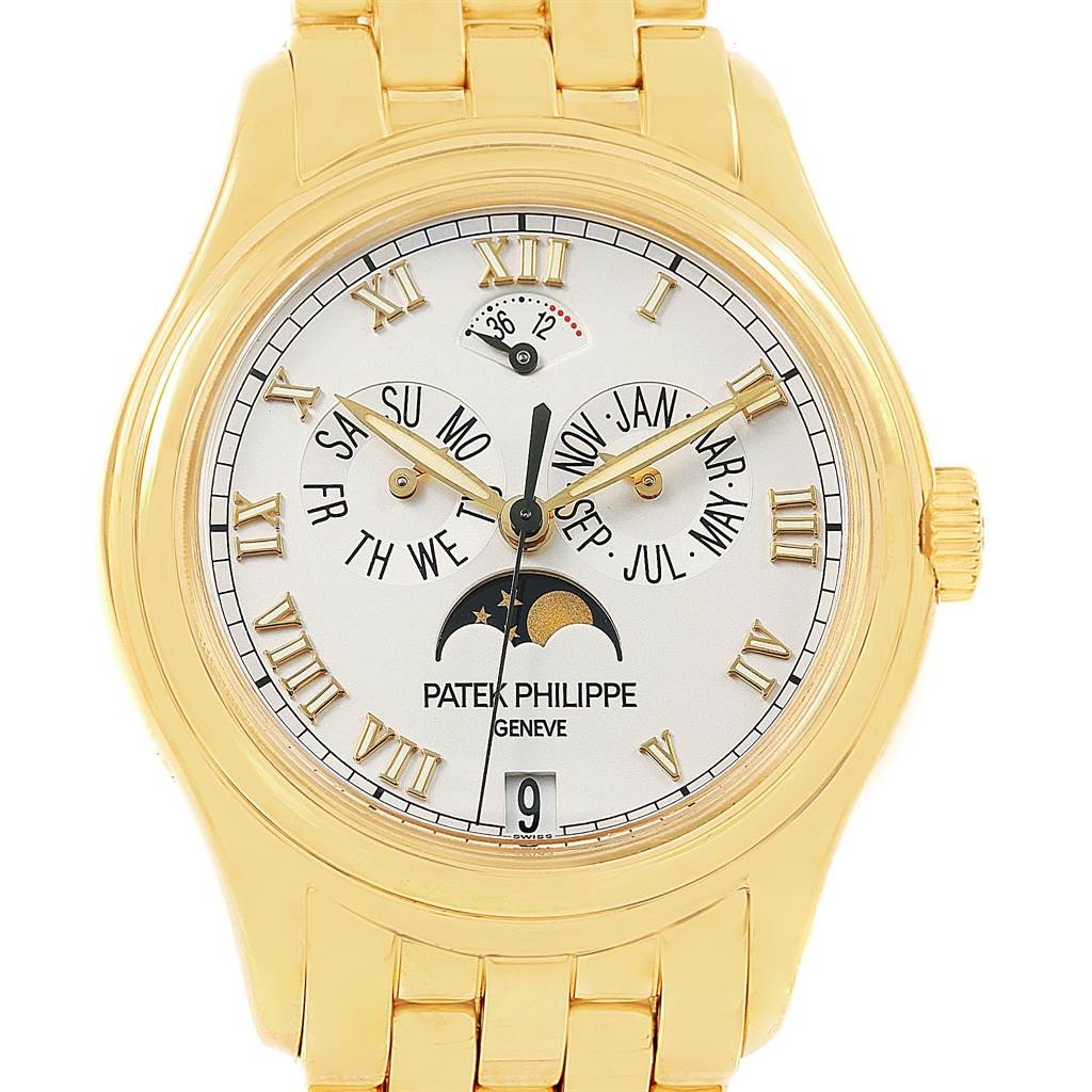 The image shows a front view of the Patek Philippe 5036 Men's Yellow Gold White Dial 5036 Men's Yellow Gold White Dial Annual Calendar Moonphase Yellow Gold Watch 5036, displaying the face, dial, and bracelet.