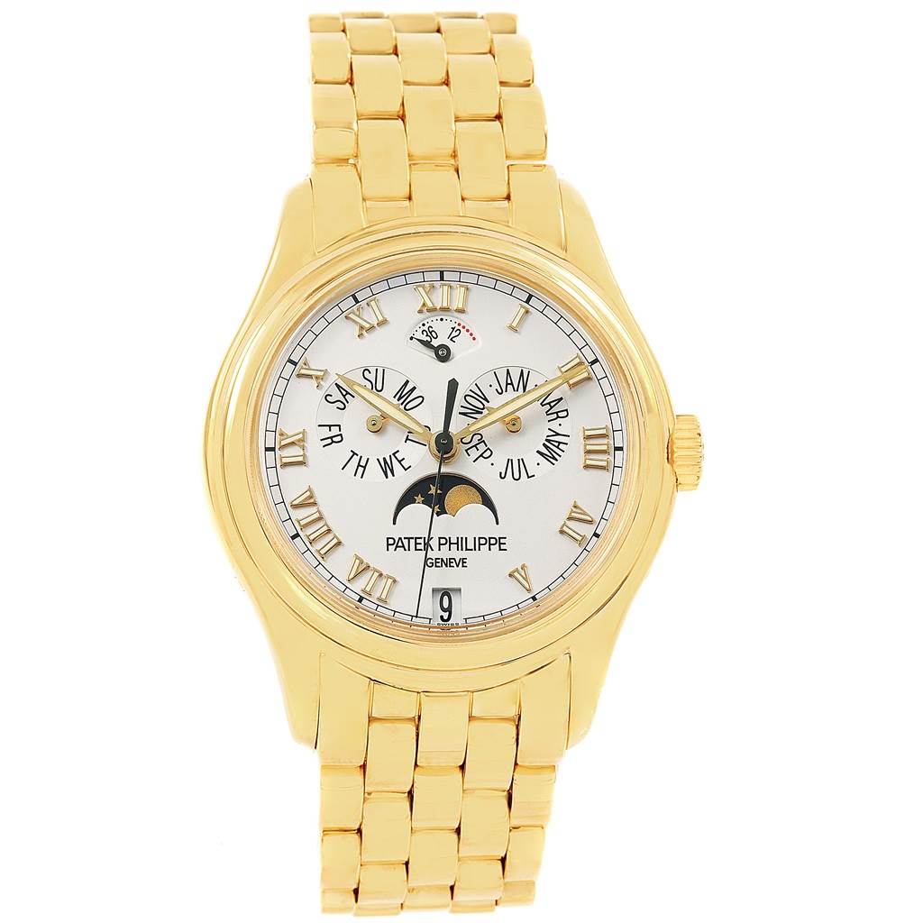 The image shows a front view of the Patek Philippe 5036 Men's Yellow Gold White Dial 5036 Men's Yellow Gold White Dial Annual Calendar Moonphase Yellow Gold Watch 5036 Box Papers model.