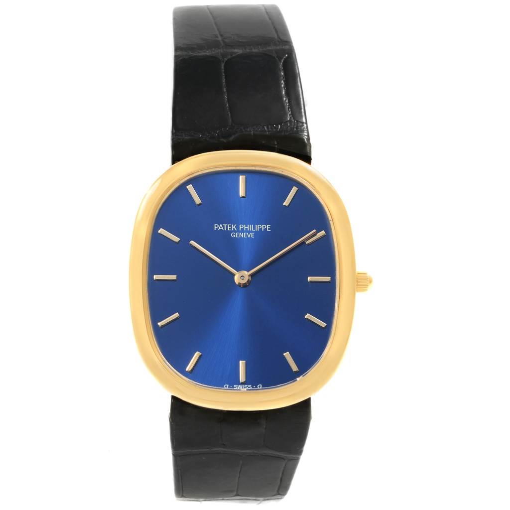The image shows a front view of a Patek Philippe Golden Ellipse 3738 Men's Yellow Gold Blue Dial 3738 Men's Yellow Gold Blue Dial watch with a blue dial and black strap.