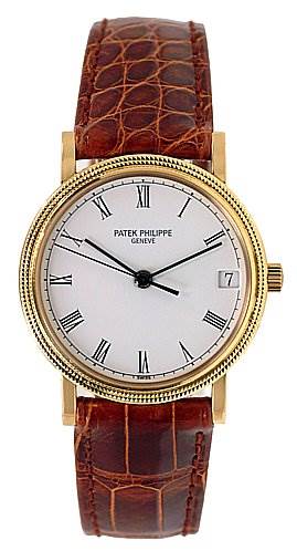 The image shows a Patek Philippe Calatrava 3802/200 Men's Yellow Gold White Dial 3802/200 Men's Yellow Gold White Dial watch from a straight-on angle, highlighting the dial, hands, bezel, and leather strap.