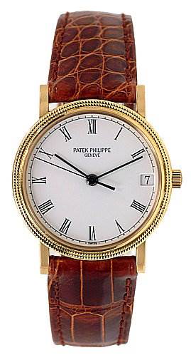 The image shows a Patek Philippe Calatrava watch from a straight-on angle, highlighting the dial, hands, bezel, and leather strap.