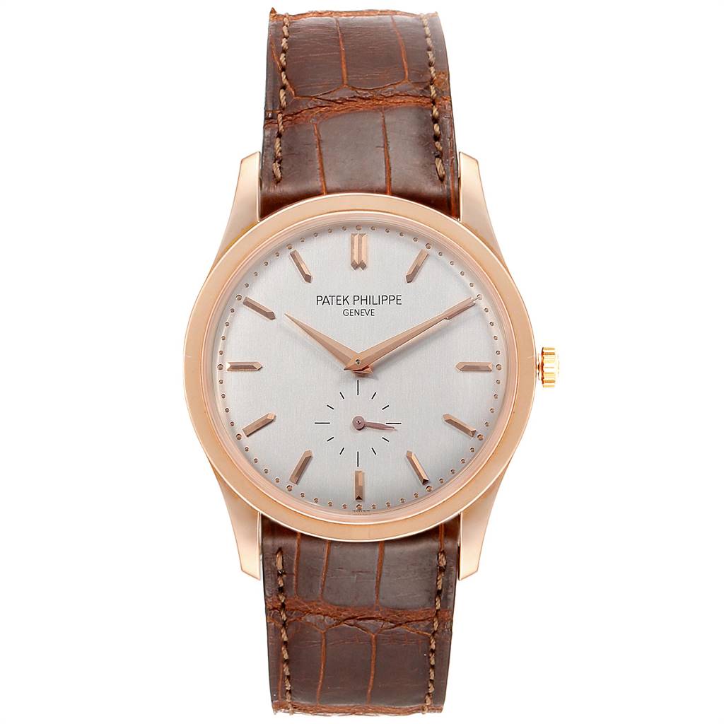 This image shows a front view of a Patek Philippe Calatrava 5196R Men's Rose Gold Silver Dial 5196R Men's Rose Gold Silver Dial watch, displaying its face, hands, and brown leather strap.