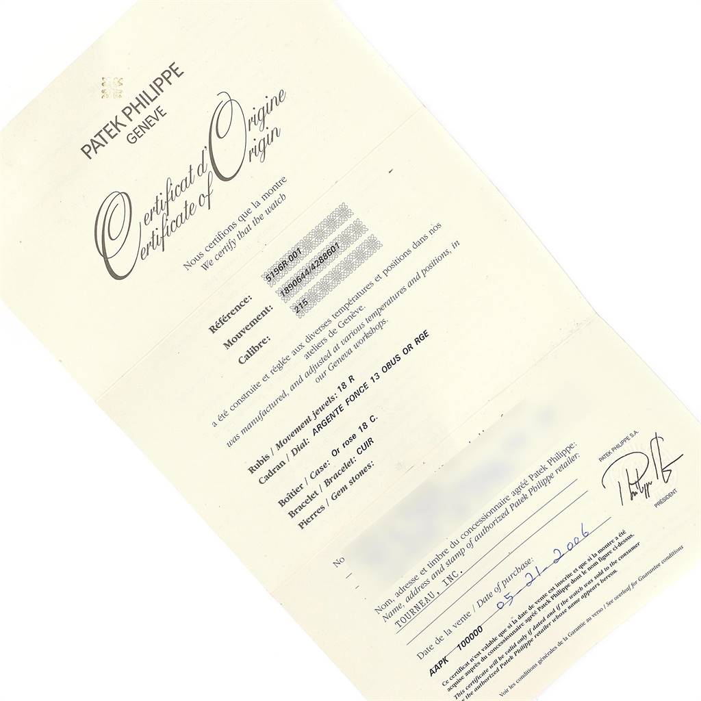 This image shows a Certificate of Origin for a Calatrava model by Patek Philippe.
