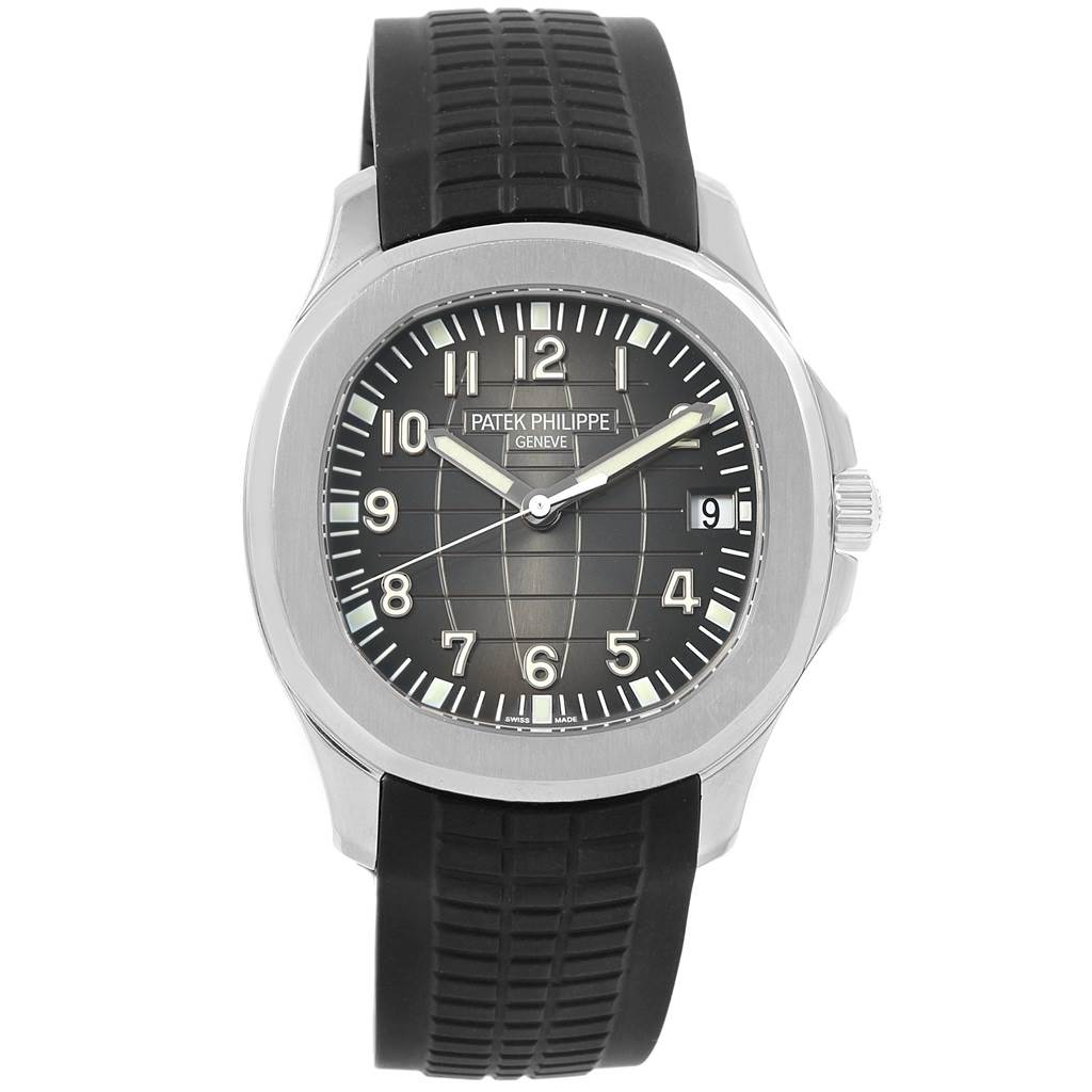 This image shows a front view of the Patek Philippe Aquanaut 5167A Men's Stainless Steel Black Dial 5167A Men's Stainless Steel Black Dial watch displaying its dial, bezel, rubber strap, and crown.
