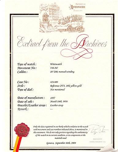 This image shows a document titled "Extract from the Archives" providing details of a vintage Patek Philippe watch, including movement, case, and sale information.