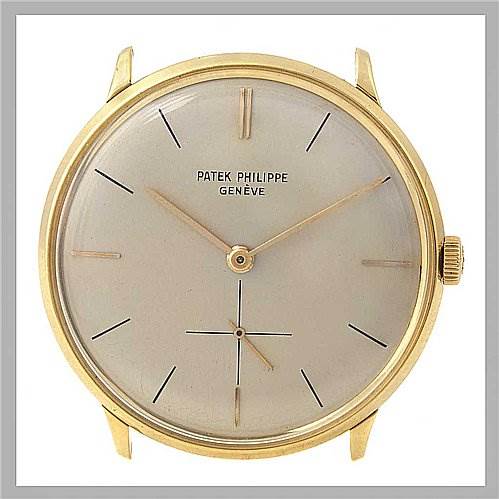 The image shows the front view of a Patek Philippe Vintage model watch, highlighting its dial, hands, and crown.