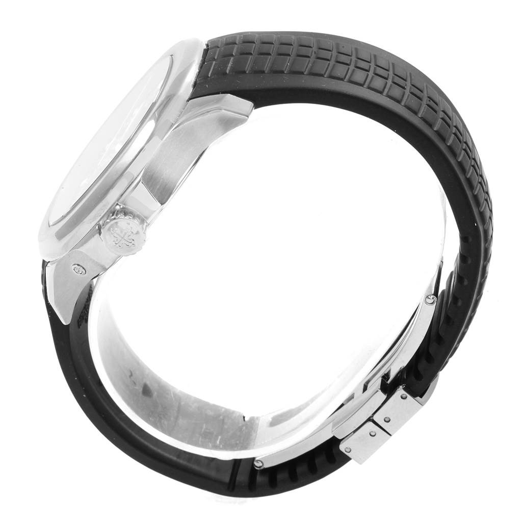 The image shows a side view of the Patek Philippe Aquanaut 5164A Men's Stainless Steel Black Dial 5164A Men's Stainless Steel Black Dial watch, highlighting its case, crown, and black rubber strap.