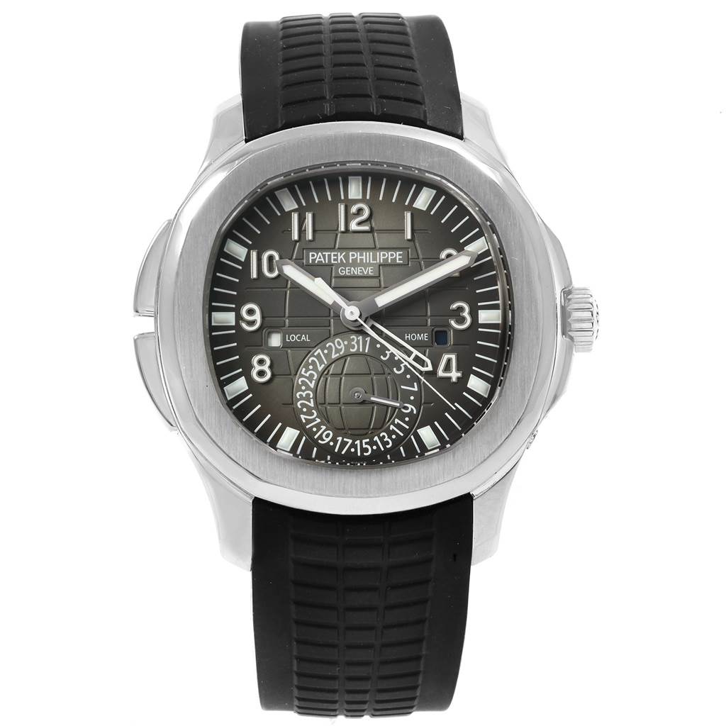 This image shows a front view of the Patek Philippe Aquanaut 5164A Men's Stainless Steel Black Dial 5164A Men's Stainless Steel Black Dial watch, highlighting its dial, bezel, strap, and crown.