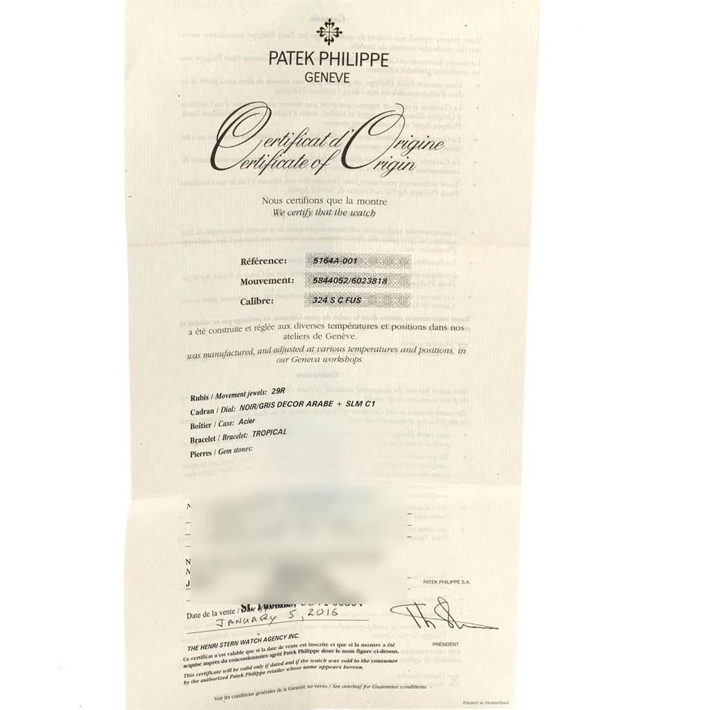 The image shows a Patek Philippe Certificate of Origin for the Aquanaut model, listing reference, movement, calibre, and other details.