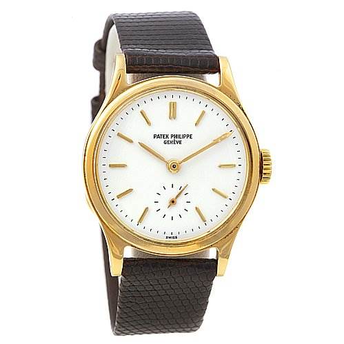 This image shows a frontal view of a Vintage Patek Philippe watch with a gold case, white dial, gold markers, and a brown leather strap.