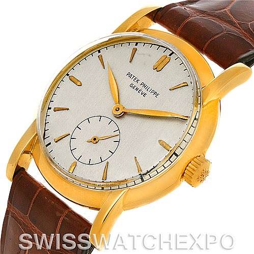 This image shows a side angle of the Patek Philippe Vintage model, highlighting the watch face, crown, lugs, and brown leather strap.