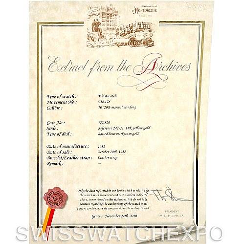 The image shows a certificate of authenticity for a Vintage Patek Philippe watch, detailing watch specifications and date of manufacture.